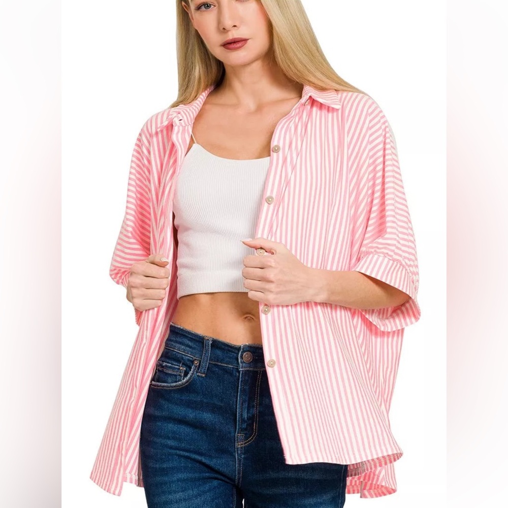 Zenana Oversized Striped Button-Down Shirt